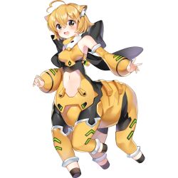 Rule 34 | 1girl, ahoge, animal ears, artist request, back ribbon, bare shoulders, black ribbon, blonde eyebrows, blonde hair, blush, bodysuit, breasts, centauroid, collar, detached sleeves, final gear, full body, hair between eyes, hair ears, highres, horizontal-striped sleeves, long sleeves, looking at viewer, medium breasts, midriff, navel, official art, open mouth, puffy sleeves, ribbon, simple background, solo, sweety (final gear), tachi-e, taur, teeth, third-party source, transparent background, upper teeth only, white collar, yellow bodysuit, yellow eyes, yellow sleeves