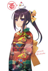 Rule 34 | 1girl, 2017, blush, chick on head, chinese zodiac, closed mouth, dasoku sentarou, dated, floral print, hair between eyes, hair ribbon, japanese clothes, kimono, long hair, looking at viewer, obi, original, ponytail, purple eyes, purple hair, red kimono, ribbon, sash, simple background, smile, solo, speech bubble, twitter username, upper body, white background, year of the rooster, yellow ribbon
