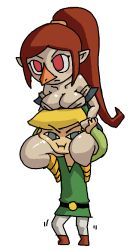 Rule 34 | 1boy, 1girl, blonde hair, breast rest, breasts, breasts on head, cleavage, legs, link, medli, minuspal, nintendo, ponytail, red eyes, red hair, rito, simple background, the legend of zelda, the legend of zelda: the wind waker, thick thighs, thighs, toon link, white background