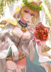 Rule 34 | 10s, 1girl, ahoge, blonde hair, blush, bouquet, breasts, chain, elbow gloves, fate/extra, fate/extra ccc, fate (series), flower, gloves, green eyes, highres, holding, holding bouquet, large breasts, looking at viewer, nero claudius (bride) (fate), nero claudius (bride) (third ascension) (fate), nero claudius (fate), nero claudius (fate) (all), parted lips, qidai, short hair, smile, solo, white gloves