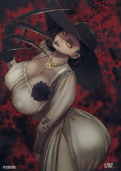 Rule 34 | 1girl, alcina dimitrescu, ass, black gloves, black hair, breasts, butcherboy, capcom, claws, cleavage, commentary, covered erect nipples, dress, english commentary, flower, gloves, gradient background, hat, highres, huge ass, huge breasts, jewelry, looking at viewer, purple background, resident evil, resident evil village, short hair, simple background, solo, sun hat, thick thighs, thighs, tongue, tongue out, yellow eyes