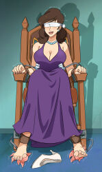 Rule 34 | absurdres, barefoot, bdsm, blindfold, blush, bondage, bound, bound ankles, bound wrists, breasts, brown hair, cleavage, dress, earrings, highres, jewelry, large breasts, lost one zero, lupin iii, mine fujiko, purple dress, tickling, tied to chair
