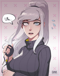 Rule 34 | 1girl, blue eyes, blush, breasts, commentary, embarrassed, english commentary, english text, eyepatch, unworn eyepatch, genkai zero, high ponytail, large breasts, long hair, looking at viewer, one-eyed, original, ribbed sweater, scar, scar across eye, scar on face, silver hair, solo, speech bubble, sweater, turtleneck, turtleneck sweater, valestina