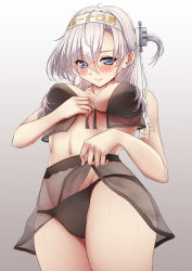 Rule 34 | 1girl, bikini, bikini skirt, black bikini, breasts, clothes lift, commentary request, cowboy shot, from below, gradient background, grey background, grey eyes, groin, highres, kantai collection, long hair, medium breasts, nuka (nvkka), one side up, see-through, see-through skirt, silver hair, skirt, skirt lift, solo, standing, suzutsuki (kancolle), swimsuit