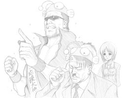 Rule 34 | 10s, 1girl, 2boys, adolf hitler, anger vein, angry, animal hat, antennae, arms behind back, buttons, clenched hand, collarbone, collared shirt, dairoku tenma, der untergang, empty eyes, facial hair, girls und panzer, greyscale, hat, highres, jacket, long sleeves, military, military uniform, monochrome, multiple boys, mustache, nazi, necktie, nishizumi miho, open clothes, open jacket, pocket, pointing, school uniform, shirt, short hair, simple background, sunglasses, text focus, toothbrush mustache, translation request, uniform, white background, world war ii, wrinkled skin