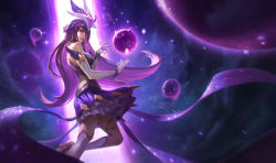 Rule 34 | 1girl, boots, elbow gloves, energy ball, facial mark, forehead protector, gloves, high heel boots, high heels, league of legends, long hair, looking at viewer, looking to the side, magical girl, official art, purple eyes, purple hair, skirt, solo, star (symbol), star guardian (league of legends), star guardian syndra, syndra, thighlet