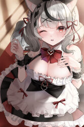 Rule 34 | 1girl, alternate costume, animal ear fluff, animal ears, apron, black dress, black hair, blush, braid, breasts, cat ears, cleavage, collar, detached collar, dress, grey hair, hair ornament, hairpin, hand on own chest, highres, hololive, large breasts, looking at viewer, maid, maid apron, maid headdress, multicolored hair, one eye closed, open mouth, pantyhose, red eyes, sakamata chloe, scarf (50464982), single braid, solo, streaked hair, virtual youtuber, white apron, white collar, white pantyhose, white wrist cuffs, wrist cuffs, x hair ornament