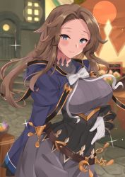 Rule 34 | 1girl, absurdres, belt, blue eyes, blush, breasts, brown hair, cloak, closed mouth, florence (granblue fantasy), forehead, granblue fantasy, highres, hood, hooded cloak, huge filesize, large breasts, long hair, looking at viewer, parted bangs, pm tii (matuko1024), smile, sparkle