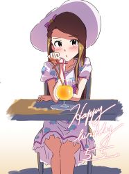Rule 34 | 1girl, blush, brown hair, cocktail, crazy straw, dated, drinking straw, gradient background, happy birthday, hat, head rest, heart straw, idolmaster, idolmaster (classic), long hair, looking at viewer, minase iori, narumi nanami, purple eyes, sitting, solo, sun hat, table