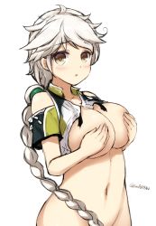 Rule 34 | 10s, 1girl, asymmetrical hair, blush, braid, breasts, brown eyes, burnt clothes, covering privates, covering breasts, don (29219), covered erect nipples, female focus, hair ornament, kantai collection, large breasts, long hair, midriff, no panties, open mouth, silver hair, single braid, solo, unryuu (kancolle), very long hair