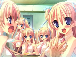Rule 34 | 5girls, blue eyes, blush, breasts, clone, dress shirt, eating, food, game cg, hair ribbon, lovely quintuplets, multiple girls, necktie, open mouth, plate, pov, ribbon, room, shirt, siblings, sisters, twintails