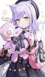 Rule 34 | 1girl, absurdres, animal ears, artist name, bizet, closed mouth, commission, hat, highres, holding, holding stuffed toy, long hair, looking at viewer, purple hair, shinomiya runa, shinomiya runa (2nd costume), smile, solo, stuffed toy, tail, upper body, virtual youtuber, vspo!, yellow eyes