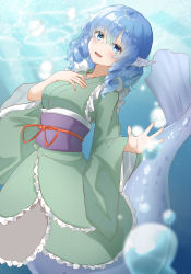 Rule 34 | 1girl, :d, blue background, blue eyes, blue hair, bubble, drill hair, drill sidelocks, fins, frilled kimono, frills, green kimono, hand on own chest, head fins, highres, japanese clothes, kimono, long sleeves, looking at viewer, mermaid, monster girl, open mouth, purple sash, sash, sefushi, short hair, sidelocks, smile, touhou, wakasagihime, water