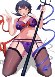 Rule 34 | 1girl, absurdres, ahoge, asymmetrical wings, black hair, black thighhighs, blue wings, bra, breasts, cleavage, commentary, condom, condom in mouth, full body, garter belt, garter straps, highres, houjuu nue, kneeling, large breasts, lingerie, looking at viewer, medium breasts, mouth hold, navel, panties, polearm, purple bra, purple panties, red eyes, red wings, short hair, simple background, thighhighs, touhou, trident, underwear, urizaku3, v, weapon, white background, wings
