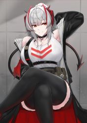 Rule 34 | 1girl, absurdres, ahoge, alternate breast size, antennae, arknights, arm up, black choker, black jacket, black shorts, black thighhighs, breasts, choker, cleavage, crossed legs, demon horns, feet out of frame, grey background, grey hair, hair between eyes, hair bun, highres, horns, jacket, kanta (kanta 077), large breasts, official alternate costume, open clothes, open jacket, parted lips, red eyes, shorts, sidelocks, single hair bun, sitting, solo, tank top, thighhighs, w (arknights), white tank top