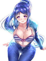 Rule 34 | 10s, 1girl, :d, arm support, bad id, bad pixiv id, bikini, blue hair, blush, bodysuit, breasts, commentary request, diving suit, front-tie bikini top, front-tie top, heart, heart-shaped pupils, large breasts, long hair, looking at viewer, love live!, love live! school idol festival, love live! sunshine!!, matsuura kanan, open bodysuit, open clothes, open mouth, ponytail, ponytail korosuke, purple eyes, revision, simple background, sitting, smile, solo, striped bikini, striped clothes, swimsuit, symbol-shaped pupils, very long hair, wetsuit, white background
