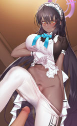 Rule 34 | 1boy, 1girl, blue archive, blush, breasts, censored, dark-skinned female, dark skin, eun bari, female pubic hair, halo, hetero, highres, karin (blue archive), large breasts, long hair, mosaic censoring, pantyhose, partially undressed, penis, pubic hair, pussy, solo focus, sparse pubic hair, very long hair