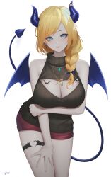 Rule 34 | 1girl, artist name, bare shoulders, blonde hair, blue eyes, blush, breasts, cleavage, cross, demon girl, demon tail, earrings, highres, hololive, horns, jewelry, large breasts, looking at viewer, ryumikooo, simple background, sleeveless, solo, tail, virtual youtuber, white background, wings, yuzuki choco