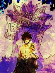 Rule 34 | 1boy, black hair, chappa (chappa7610), looking at viewer, male focus, naruto, naruto (series), open clothes, outstretched arm, pectorals, red eyes, topless male, uchiha sasuke