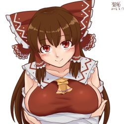 Rule 34 | 1girl, 2016, ascot, breast hold, breast lift, breasts, brown hair, commentary request, cookie (touhou), detached sleeves, hakurei reimu, kanna (cookie), large breasts, maofan (nekohan), mature female, no bra, red eyes, sideboob, smile, solo, touhou