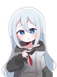 Rule 34 | 1girl, blue eyes, blush, commentary request, grey hoodie, hair between eyes, highres, hood, hood down, hoodie, long hair, long sleeves, looking at viewer, oan (o annn), parted lips, project sekai, simple background, solo, split mouth, upper body, white background, white hair, yoisaki kanade