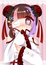 Rule 34 | 1girl, absurdres, blue bow, blush, border, bow, brown eyes, brown hair, chiitamu, clothing cutout, commentary request, covered mouth, double bun, dress, eyepatch, fingernails, frills, grey bow, hair bow, hair bun, heart, heart-shaped pupils, highres, lace, lace border, long hair, long sleeves, looking at viewer, medical eyepatch, multicolored hair, nail polish, original, ornate border, pink bow, pink hair, purple hair, red nails, shoulder cutout, side bun, sleeves past wrists, solo, streaked hair, striped, striped background, symbol-shaped pupils, thick eyebrows, vertical stripes, white dress, wide sleeves, yellow bow