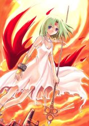 Rule 34 | 1girl, blue eyes, breasts, breath of fire, breath of fire v, cleavage, dress, facial mark, full-body tattoo, green hair, kotonemaru, nina (breath of fire v), red wings, see-through, short hair, solo, staff, tattoo, weapon, white dress, wings