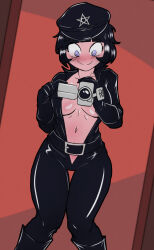 Rule 34 | 1girl, absurdres, azazel (helltaker), belt, belt buckle, black belt, black bodysuit, black footwear, black hair, black hat, blue eyes, blunt bangs, blush, bodysuit, boots, breasts, buckle, camcorder, camera, closed mouth, collarbone, commentary, doorway, embarrassed, english commentary, hat, helltaker, highres, holding, holding camera, knees together feet apart, large breasts, looking at object, looking down, naughty face, navel, no bra, no panties, nose blush, open bodysuit, open clothes, peaked cap, red background, shiny clothes, short hair, sidelocks, skarlet jewel, smile, solo, standing, star (symbol), thigh gap, underboob, unzipped, video camera, wide-eyed