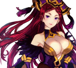 Rule 34 | 1girl, braid, breasts, cleavage, commentary request, detached collar, earrings, fire emblem, fire emblem heroes, hat, jewelry, jurge, large breasts, loki (fire emblem), long hair, nintendo, purple eyes, purple hair, simple background, solo, upper body, white background