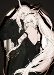Rule 34 | 1boy, 1girl, absurdres, arknights, backless dress, backless outfit, bare back, bare shoulders, black coat, black dress, black gloves, coat, commentary request, confessarius (arknights), dress, gloves, grey eyes, highres, horns, long hair, looking at viewer, pointy ears, ponytail, shining (arknights), smile, upper body, very long hair, white hair, xiawu2001