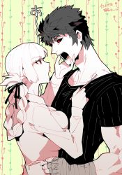 Rule 34 | 1boy, 1girl, alternate costume, black sclera, black shirt, breast press, breasts, caligula (fate), colored sclera, fate/grand order, fate (series), florence nightingale (fate), hand on another&#039;s face, koshiro itsuki, large breasts, limited palette, long hair, muscular, partially colored, red eyes, shirt, short hair, toothbrush