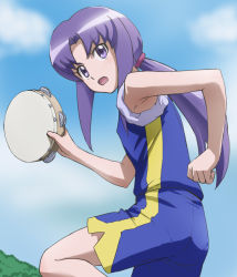 Rule 34 | 10s, 1girl, armpits, ass, happinesscharge precure!, haruyama kazunori, hikawa iona, instrument, long hair, open mouth, ponytail, precure, purple eyes, purple hair, shorts, sleeves rolled up, solo, tambourine