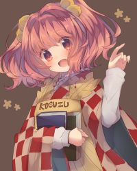 Rule 34 | 1girl, apron, bell, blush, book, brown background, character name, hair bell, hair ornament, head tilt, highres, image sample, long sleeves, looking at viewer, motoori kosuzu, open mouth, red eyes, red hair, resolution mismatch, skirt, smile, solo, source larger, touhou, twintails, two side up, upper body, usamata, vest, wide sleeves