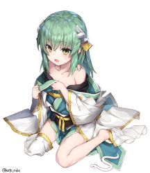 Rule 34 | 1girl, aged down, alternate breast size, bare legs, crossed bangs, fate/grand order, fate (series), flat chest, green eyes, green hair, hair between eyes, highres, holding, holding clothes, katoroku, kiyohime (fate), long hair, looking at viewer, open mouth, simple background, single thighhigh, solo, thighhighs, twitter username, white background