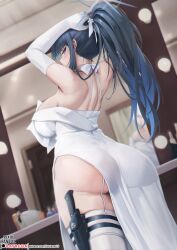 Rule 34 | 1girl, absurdres, arms behind head, arms up, ass, bare shoulders, black hair, blue archive, blue eyes, blue hair, blush, breasts, combat knife, dress, elbow gloves, gloves, hair ribbon, halo, highres, knife, knife sheath, kuutamo, large breasts, long hair, looking at viewer, looking back, multicolored hair, ponytail, ribbon, saori (blue archive), saori (dress) (blue archive), sheath, solo, thighs, weapon, white dress, white gloves