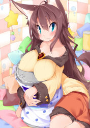 Rule 34 | 1girl, animal ears, blue eyes, blush, breasts, brooch, brown hair, can, collarbone, drink can, female focus, highres, hugging object, imaizumi kagerou, jewelry, koha, large breasts, long hair, long sleeves, looking at viewer, pillow, pillow hug, shirt, sitting, skirt, soda can, solo, star (symbol), tail, touhou, very long hair, wariza, werewolf, wide sleeves, wolf ears, wolf tail