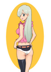 Rule 34 | 10s, 1girl, ass, asymmetrical legwear, blue eyes, clothes lift, elizabeth liones, female focus, hair over one eye, highres, long hair, looking at viewer, looking back, nanatsu no taizai, open mouth, panties, ryusho, silver hair, simple background, single thighhigh, skirt, skirt lift, solo, thighhighs, underwear, uneven legwear, upper body, white panties