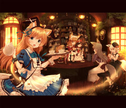 Rule 34 | 5girls, :3, :d, ;d, animal ears, animal print, apron, bad id, bad pixiv id, bag, blonde hair, blue dress, boots, bottle, brown eyes, brown hair, cat ears, cat print, clock, commentary request, cup, dress, ears down, expressionless, fake animal ears, fox ears, fox girl, fox tail, frilled dress, frills, glass, glasses, globe, green eyes, hair ornament, hair over one eye, handbag, hat, hat ribbon, highres, indoors, jar, lantern, light particles, long hair, long sleeves, maid headdress, misaki yuu, multiple girls, one eye closed, open mouth, original, parted lips, pendulum clock, pitcher (container), plant, plate, potted plant, puffy short sleeves, puffy sleeves, purple dress, radio, red dress, ribbon, saucer, short hair, short sleeves, sitting, smile, star (symbol), tail, teacup, teapot, twilight, waitress, white hair, window, yellow eyes