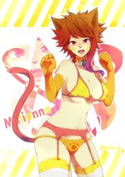 Rule 34 | 1girl, animal ears, artist name, bad id, bad pixiv id, bell, neck bell, bikini, bikini top only, breasts, brown hair, cat ears, cat tail, character name, cleavage, collar, facial mark, fairy tail, fang, gloves, large breasts, millianna, navel, open mouth, pink eyes, solo, swimsuit, tail, teeth, thighhighs, yuita ro