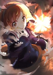 Rule 34 | 10s, 1girl, action, blue jacket, brown eyes, brown hair, commentary, dodging, explosion, fuyubone, girls und panzer, hand to throat, headphones, highres, jacket, long sleeves, looking at viewer, military, military uniform, nishizumi miho, ooarai military uniform, open mouth, short hair, solo, tank cupola, throat microphone, uniform, upper body, wind