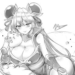 Rule 34 | 1girl, absurdres, arm armor, armor, ass, blush, breasts, cat (nyanko daisensou), china dress, chinese clothes, dress, dumpling, food, gloves, grey eyes, grey hair, highres, holding, holding food, large breasts, long hair, looking at viewer, monochrome, nyanko daisensou, pai-pai (nyanko daisensou), signature, tongue, tongue out, user ktrx7538