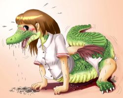 Rule 34 | alligator, brown hair, crocodilian, edmol, red eyes, tail, tears, transformation