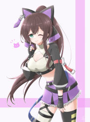 Rule 34 | 1girl, ;), animal ears, aqua eyes, artist name, assault lily, asymmetrical legwear, belt, black belt, black footwear, black gloves, black thighhighs, blush, bow, breasts, brown hair, cat, cat ears, cleavage, cleavage cutout, closed mouth, clothing cutout, commentary request, cowboy shot, crop top, fake animal ears, finger to cheek, fingerless gloves, gloves, grey background, hair between eyes, hair bow, hand on own thigh, hand up, high ponytail, index finger raised, inoguchi minto, large breasts, leaning forward, long hair, long sleeves, looking at viewer, midriff, miniskirt, mismatched legwear, multiple belts, navel, notice lines, official alternate costume, one eye closed, pink background, ponytail, purple bow, purple skirt, serizawa chikaru, shirt, shrug (clothing), sidelocks, signature, skirt, sleeveless, sleeveless shirt, smile, solo, thigh strap, thighhighs, two-tone background, two-tone bow, very long hair, white shirt, white thighhighs, zettai ryouiki