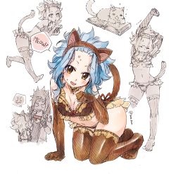 Rule 34 | 1boy, 1girl, animal ears, arm up, blue hair, book, bra, breasts, brown bra, brown eyes, brown gloves, brown hairband, brown panties, brown thighhighs, cat, cat ears, cat tail, choker, cleavage, elbow gloves, fairy tail, fake animal ears, gajeel redfox, gloves, groin, hairband, headband, kneeling, levy mcgarden, long hair, medium breasts, navel, open book, open mouth, panties, paw pose, red ribbon, ribbon, ribbon-trimmed bra, rusky, simple background, sketch, sweatdrop, tail, thighhighs, underwear, underwear only, white background