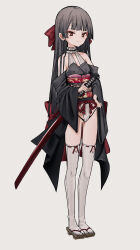 Rule 34 | 1girl, absurdres, bare shoulders, black hair, black kimono, bow, commentary, flat chest, full body, geta, grey background, hair bow, highres, japanese clothes, katana, kimono, long hair, nitrio, original, red eyes, revealing clothes, simple background, smile, solo, sword, thighhighs, weapon