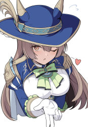 Rule 34 | 1girl, animal ears, armor, blue hat, blue jacket, blush, breasts, brown eyes, brown hair, commentary, flying sweatdrops, hair between eyes, hat, heart, horse ears, horse girl, jacket, juliet sleeves, large breasts, long hair, long sleeves, official alternate costume, one eye closed, open mouth, pauldrons, puffy sleeves, satono diamond (chevalier bleu) (umamusume), satono diamond (umamusume), shiseki hirame, shoulder armor, simple background, single pauldron, solo, umamusume, upper body, white background