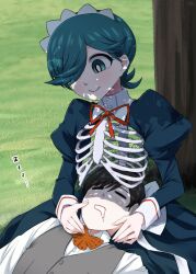 Rule 34 | 1boy, 1girl, 4shi, barazono gatarou, black hair, bow, bowtie, bright pupils, closed eyes, closed mouth, commentary request, drooling, formal, grass, green eyes, green hair, grey vest, hair over one eye, highres, honemi (meiten restaurant), juliet sleeves, lap pillow, long sleeves, looking at another, maid, meiten restaurant, monster girl, outdoors, puffy sleeves, red bow, red bowtie, ribs, shadow, shirt, short hair, skeleton, sleeping, smile, swept bangs, tree, vest, white pupils, white shirt, zzz