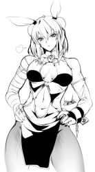 Rule 34 | 1girl, alternate costume, animal ears, artist name, bandaged arm, bandages, blush, bowalia, breasts, cleavage cutout, clothing cutout, cowboy shot, cuffs, double bun, dress, greyscale, hair between eyes, hair bun, hands on own hips, ibaraki kasen, lineart, looking at viewer, medium breasts, monochrome, muscular, nail polish, navel, nose blush, pantyhose, pelvic curtain, rabbit ears, revealing clothes, shackles, short hair, simple background, sleeveless, sleeveless dress, solo, stance, stomach, thighs, toned, touhou, white background