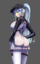 1girl absurdres ass baseball_cap black_bodysuit black_hat blue_hair bodysuit clukay_(neural_cloud) cross_hair_ornament girls&#039;_frontline_2:_exilium green_eyes hair_ornament hat highres kepra_iii light_blue_hair long_hair multicolored_bodysuit multicolored_clothes ponytail solo standing tattoo teardrop_facial_mark teardrop_tattoo very_long_hair white_bodysuit