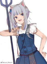 Rule 34 | 1girl, absurdres, animal ears, artist name, bag, blue bag, blue eyes, blue nails, blunt bangs, dokuro deluxe, fingernails, gawr gura, gawr gura (casual), gradient clothes, grey hair, hand on own hip, highres, hololive, hololive english, long hair, multicolored hair, nail polish, official alternate costume, open mouth, patterned, patterned clothing, polearm, sharp teeth, side ponytail, simple background, solo, streaked hair, teeth, trident, twitter username, upper teeth only, virtual youtuber, weapon, white background